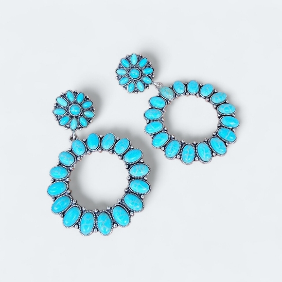 Turquoise Hoop Earrings Post And Dangle Southwestern Bohemian Boho - Picture 1 of 11